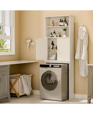 Over-Bathroom Storage Cabinet with Double Doors & Adjustable Shelf - White Freestanding Bathroom Organizer with Open Shelf