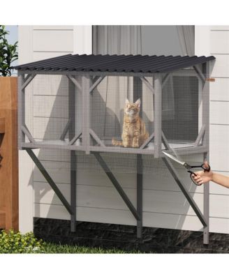 43.3 in. Outdoor Cat Enclosure with Bug Proof Net for Sunbathing, Napping and Viewing, Window Perch in Gray