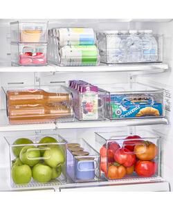 Fridge Storage Bin Set with Bottle Holder, Set of 8, Clear, Made in USA