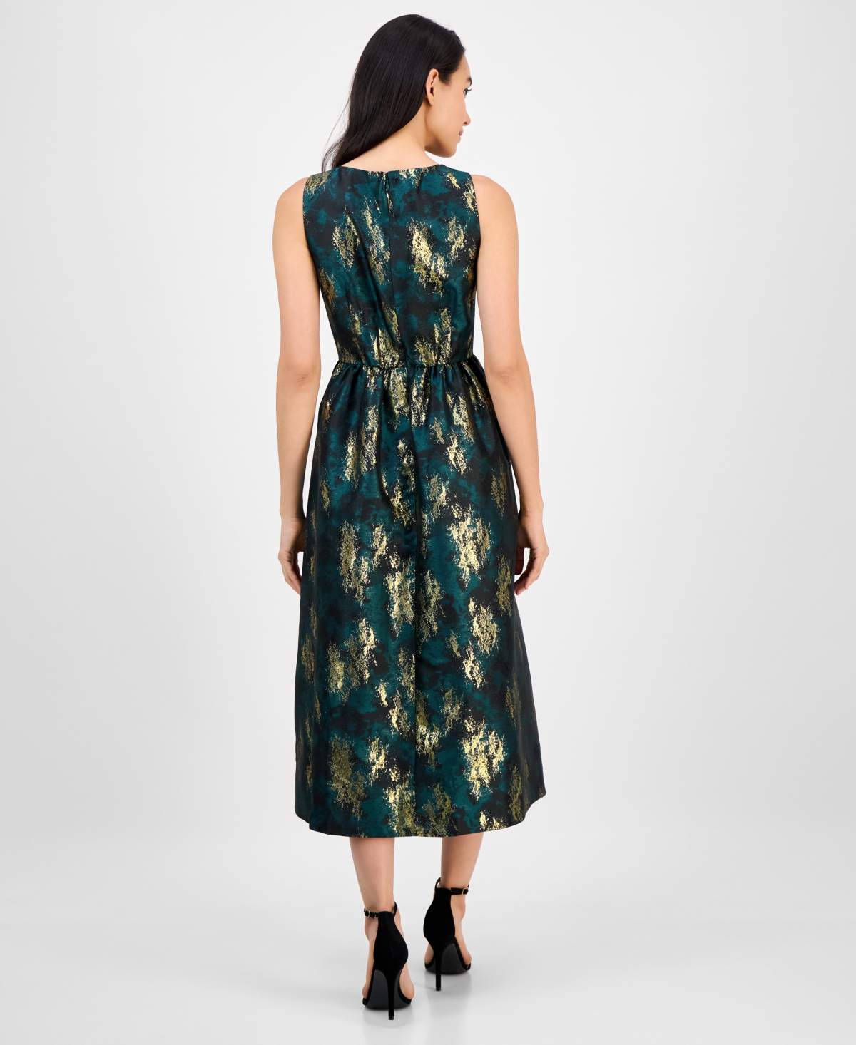 Anne Klein Metallic Crossover Neck Brocade Dress In Green