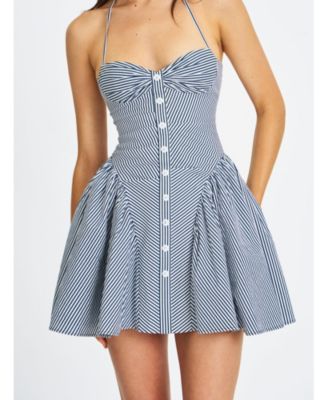 Women Melody Navy Blue Railroad Stripe Halter Drop Waist Mini Dress