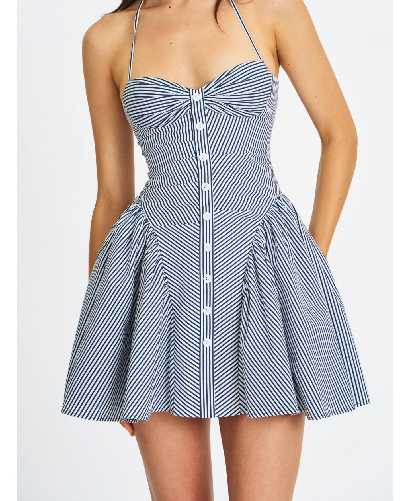 Женское платье Miss Circle Women Melody Navy Blue Railroad Stripe Halter Drop Waist Mini, цвет: Тёмно-синий белый полосатый — фото 8
