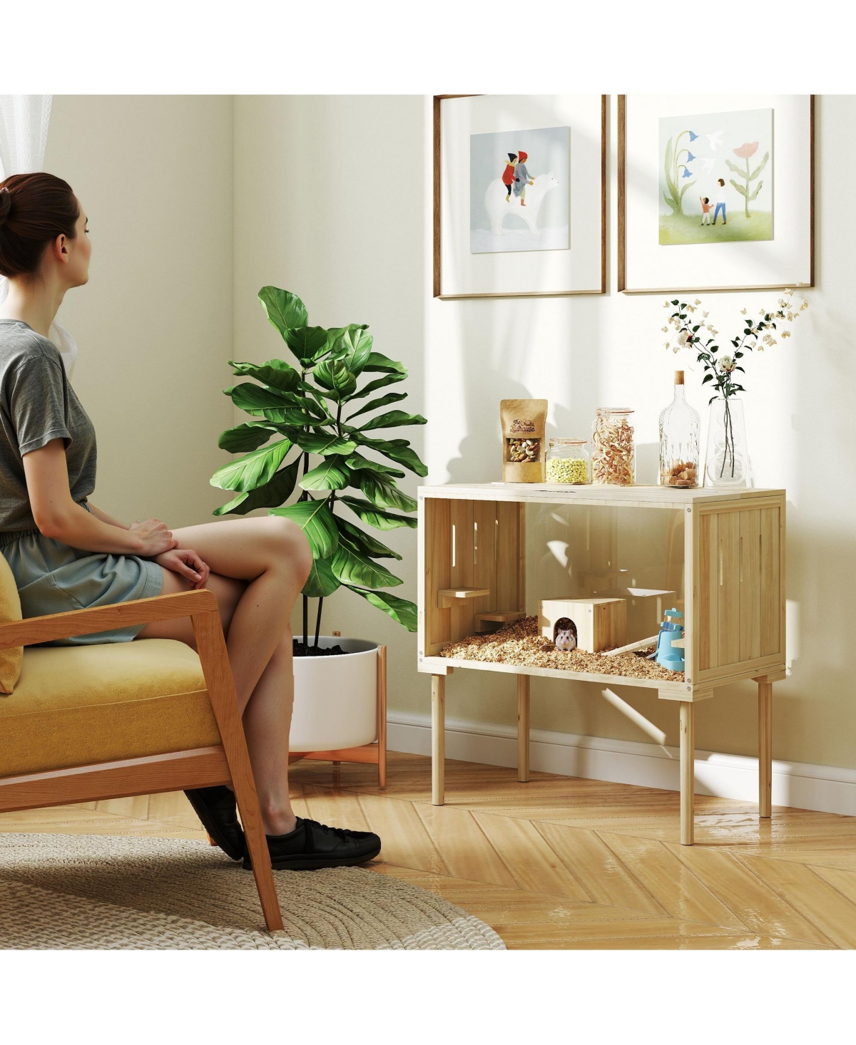 PawHut Wooden Hamster Cage Gerbil Cage for Syrian, Dwarf, Mouse