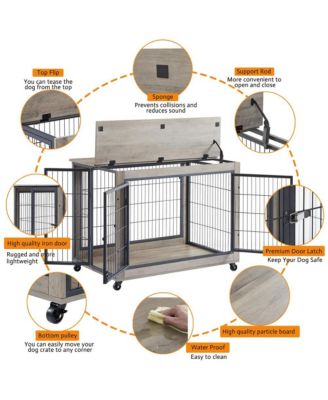 Grey Dog Crate Side Table with Wheels Double Doors and Lift Top