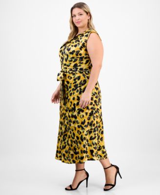 Plus Size Pleat-Neck Waist-Tie Midi Dress