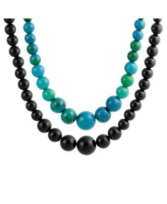 Set of 2 Graduated Natural Blue Turquoise Black Onyx Bead Strand Necklace 18 Inch