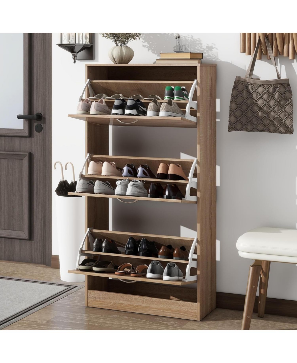 Vanirror 3 Drawer Shoe Storage Cabinet, 3 Tier Wood Shoe Rack Storage Organizer for Entryway