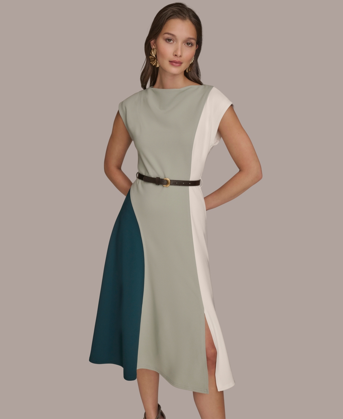 Donna Karan Colorblock Sleeveless Midi Dress In Gray