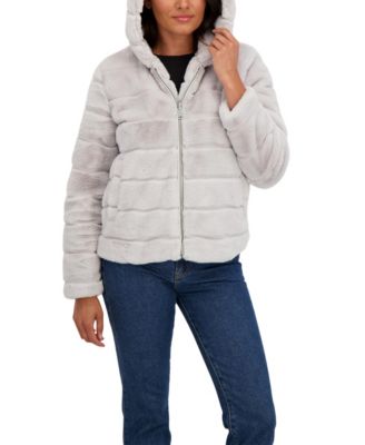 Women's Hooded Grooved Short Faux Fur Jacket
