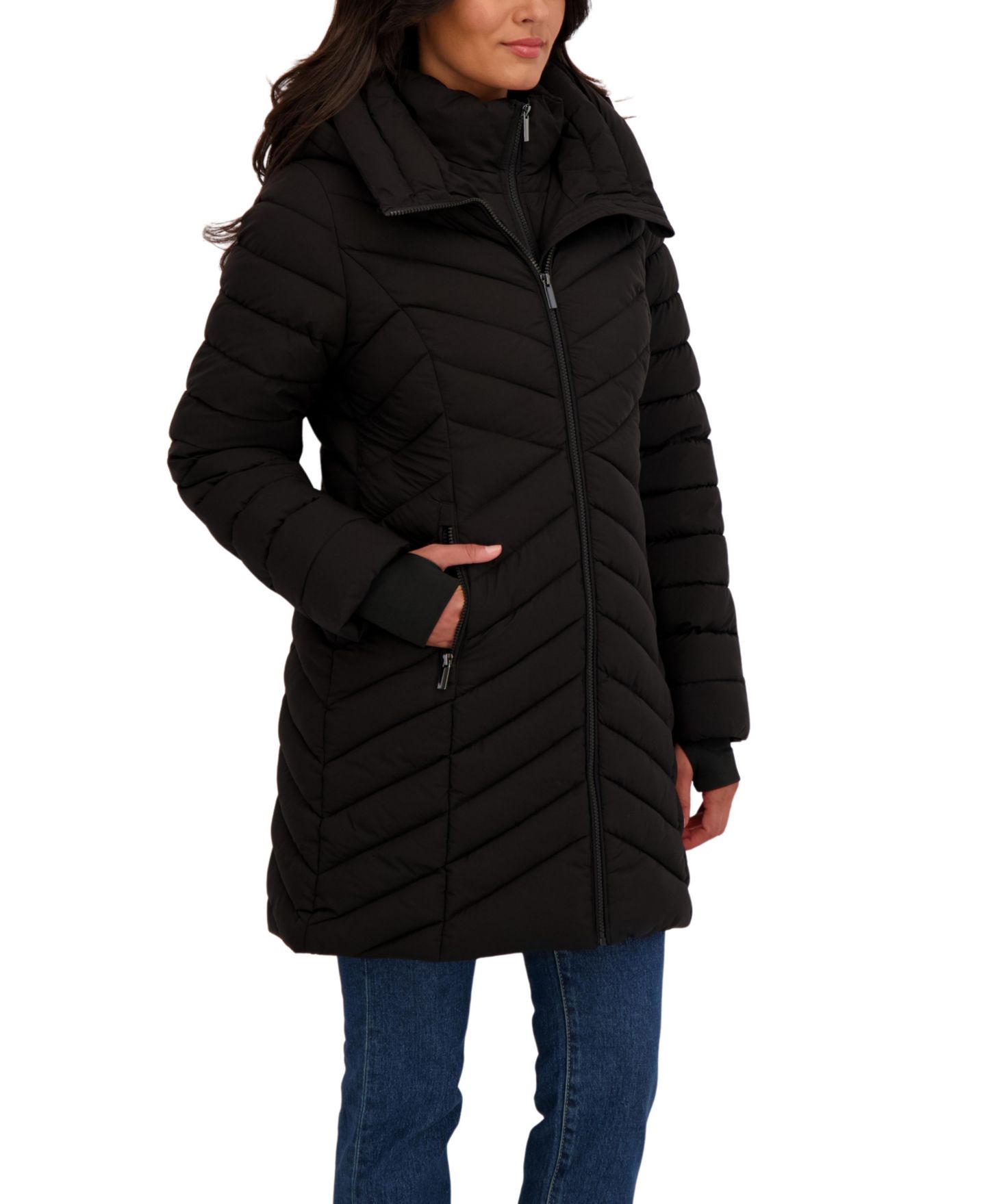 Женская куртка Sebby Collection 3/4 Hooded Stretch Puffer with Bib, цвет: Чёрный — фото 4
