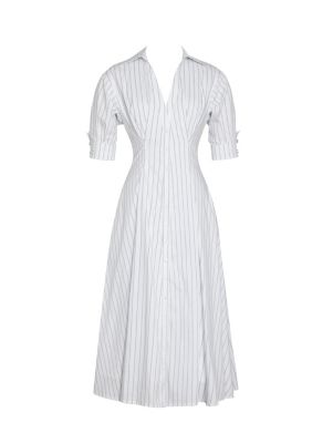 Women's Palina Pinstripes Cotton Poplin Pleated Midi Preppy Shirt Dress