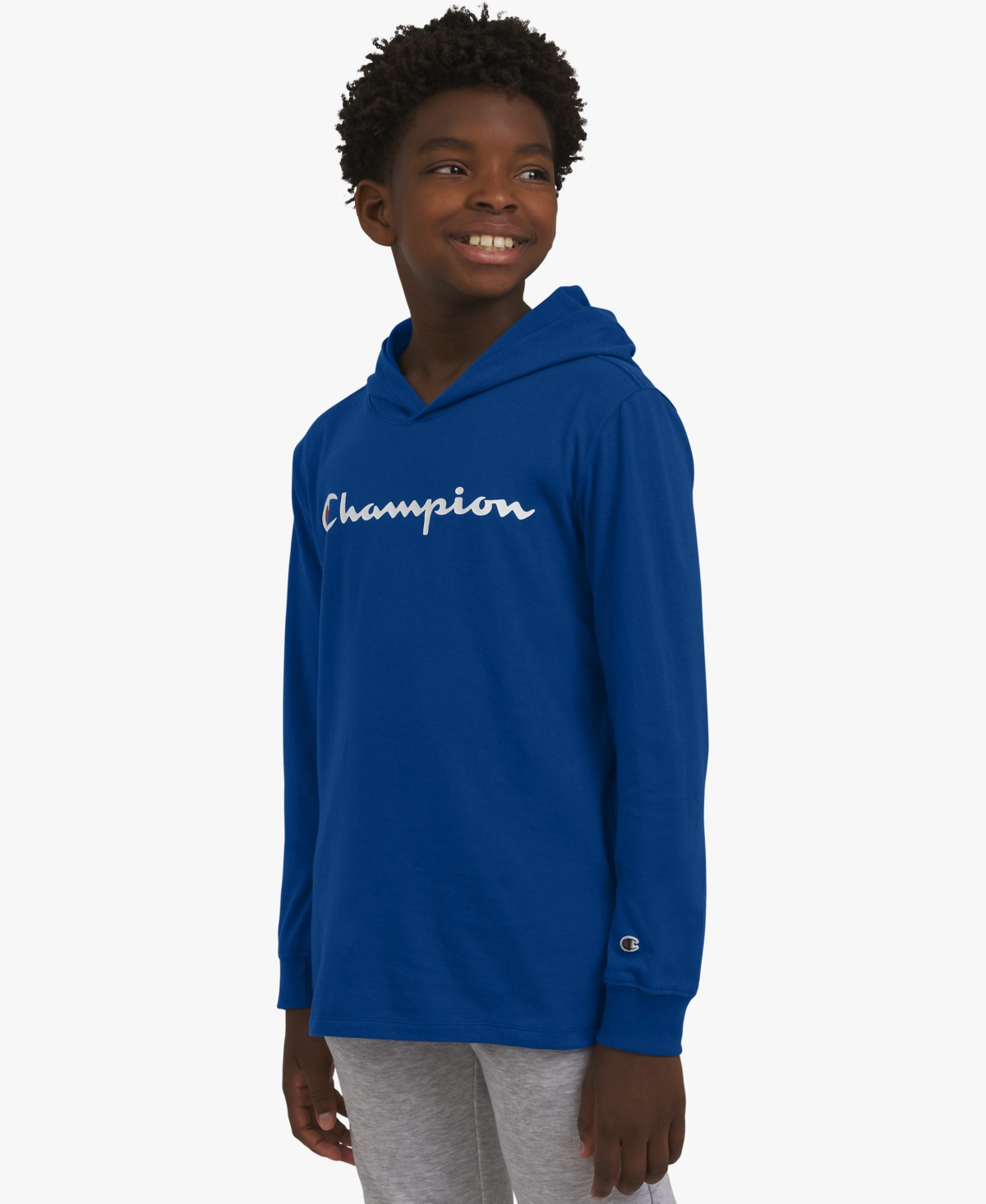 Champion Big Boys Signature Logo Long-sleeve Hooded T-shirt In Blue