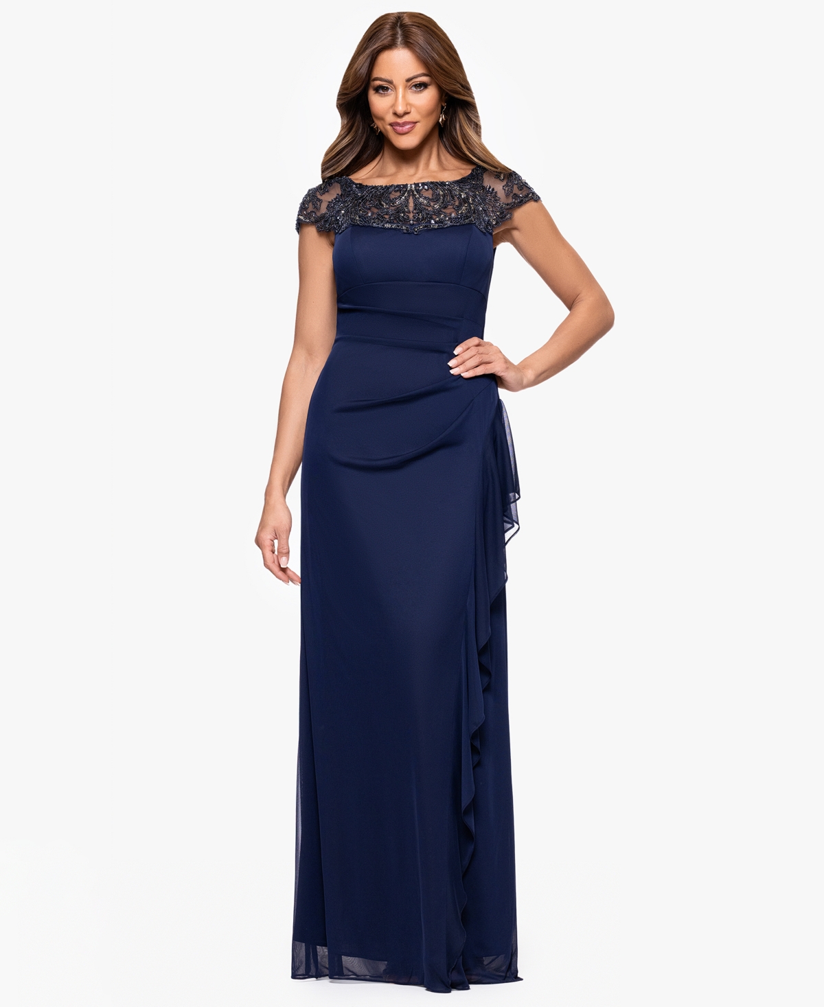 Xscape Petite Short Sleeves Dress In Blue