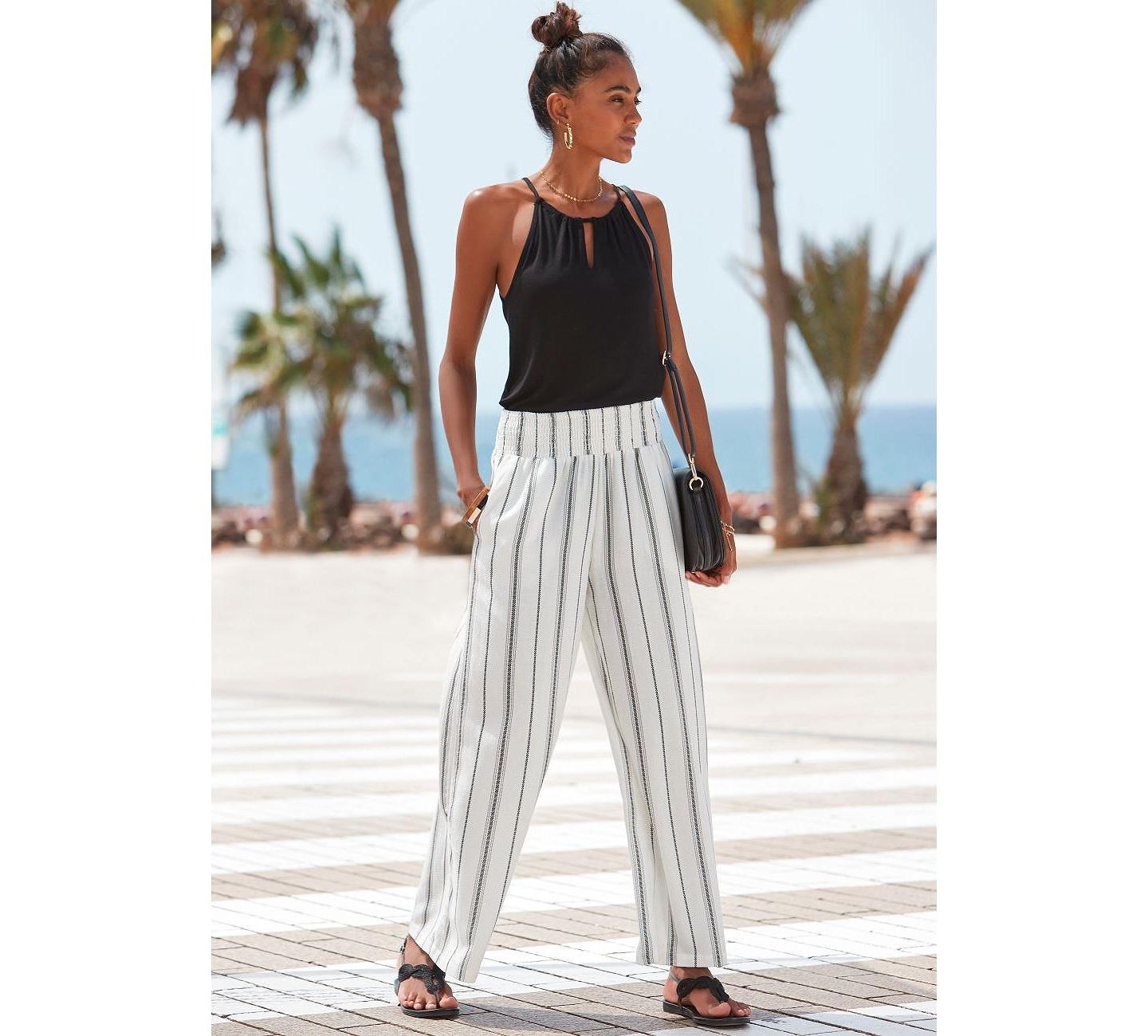 Женские брюки Lascana Striped Wide Leg, цвет: Чёрный / Кремовый — фото 2