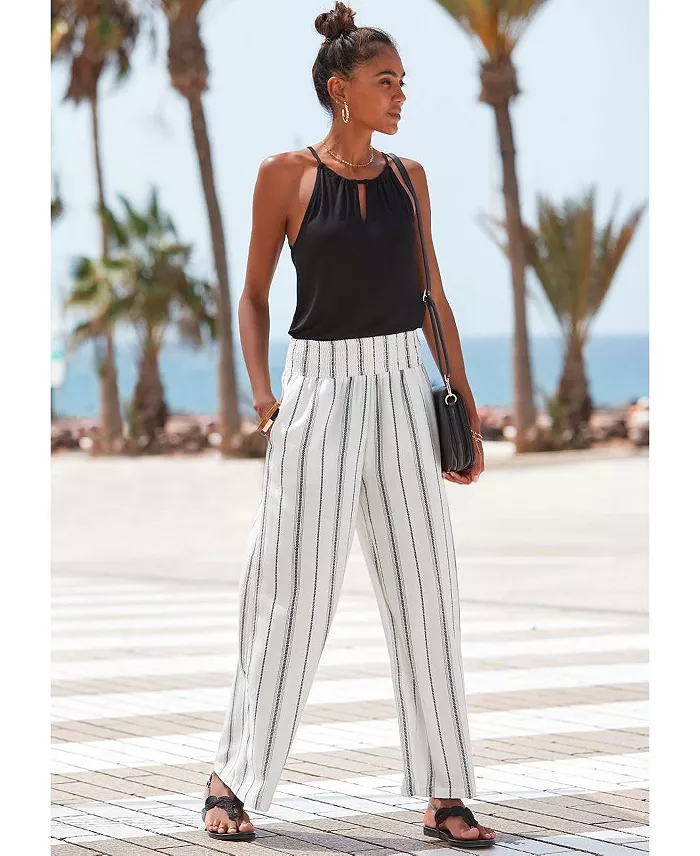 Women's Striped Wide Leg Smocked with Pockets Pants - thumbnail 10