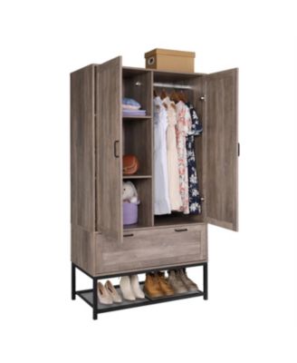 Modern 2-Door Wardrobe Cabinet with Shoe Rack for Bedroom Storage and Organization