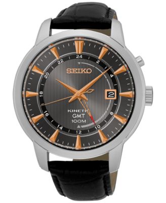 Seiko - Men's Automatic Kinetic GMT Black Leather Strap Watch 44mm SUN063