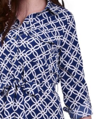 Petite Geometric Printed Long Sleeve Roll Tab Shirtdress
