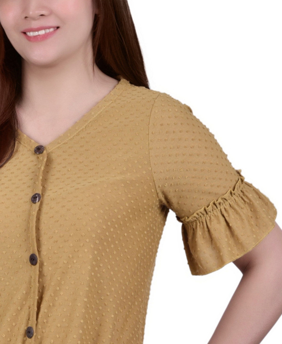 Ny Collection Petite Short Sleeve Tie Waist Swiss Dot Top In Gold