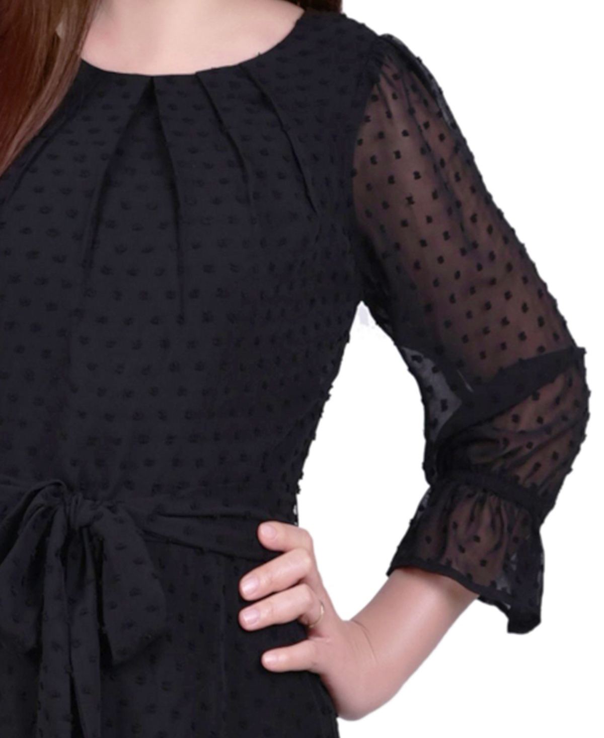 Ny Collection Petite 3/4 Sleeve Belted Swiss Dot Dress In Black