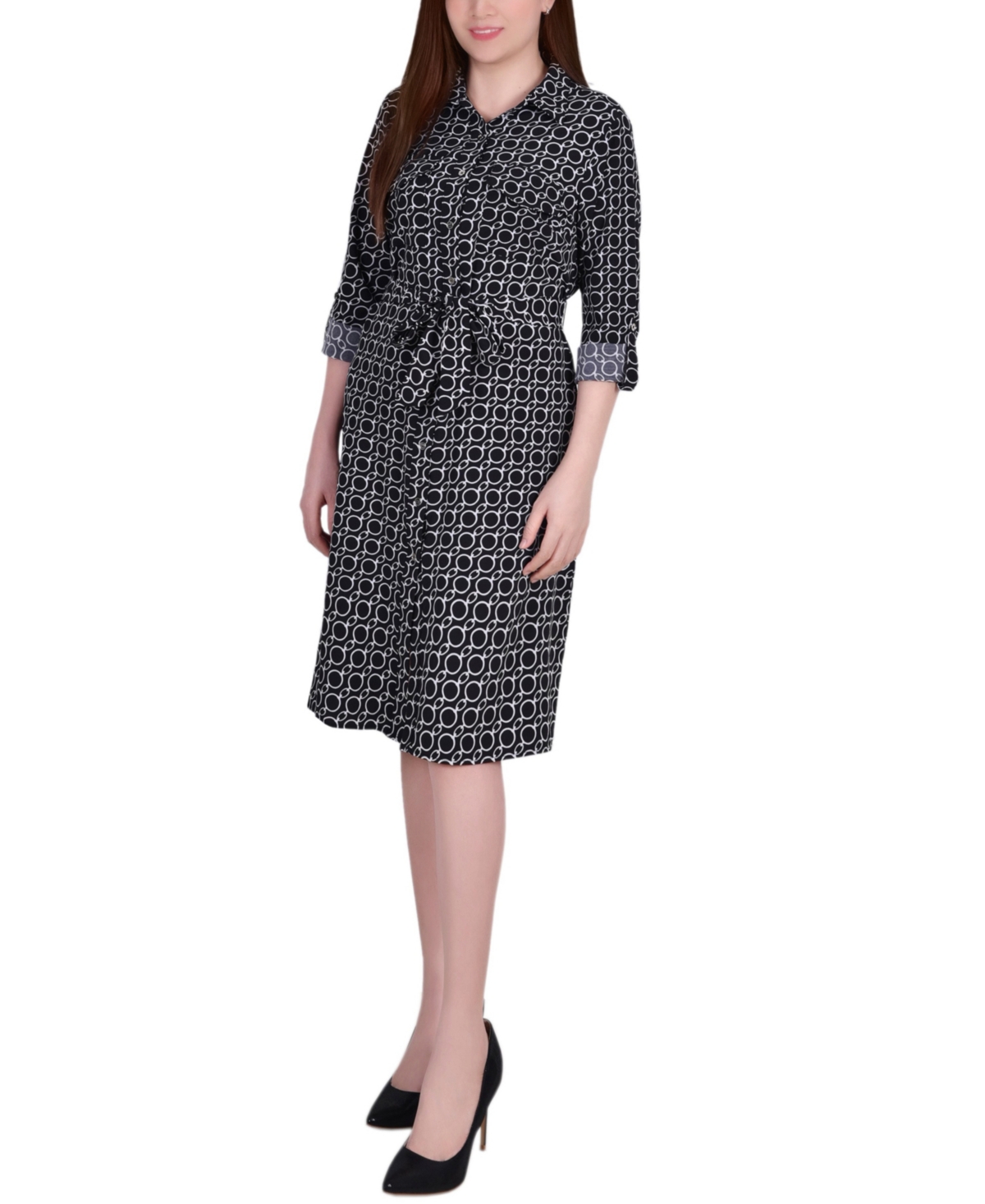 Ny Collection Petite Geometric Printed Long Sleeve Roll Tab Shirtdress In Black