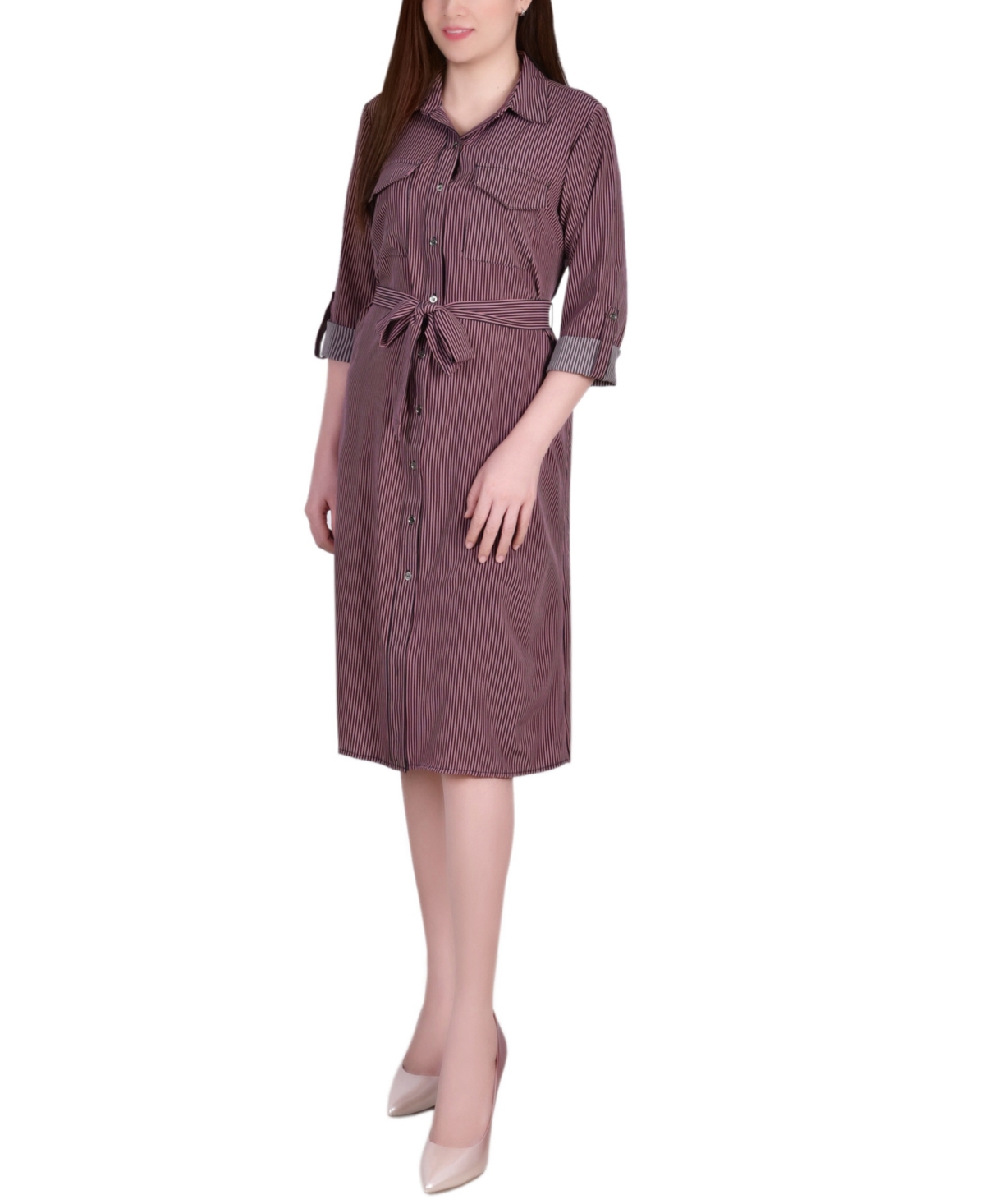 Ny Collection Petite Geometric Printed Long Sleeve Roll Tab Shirtdress In Brown