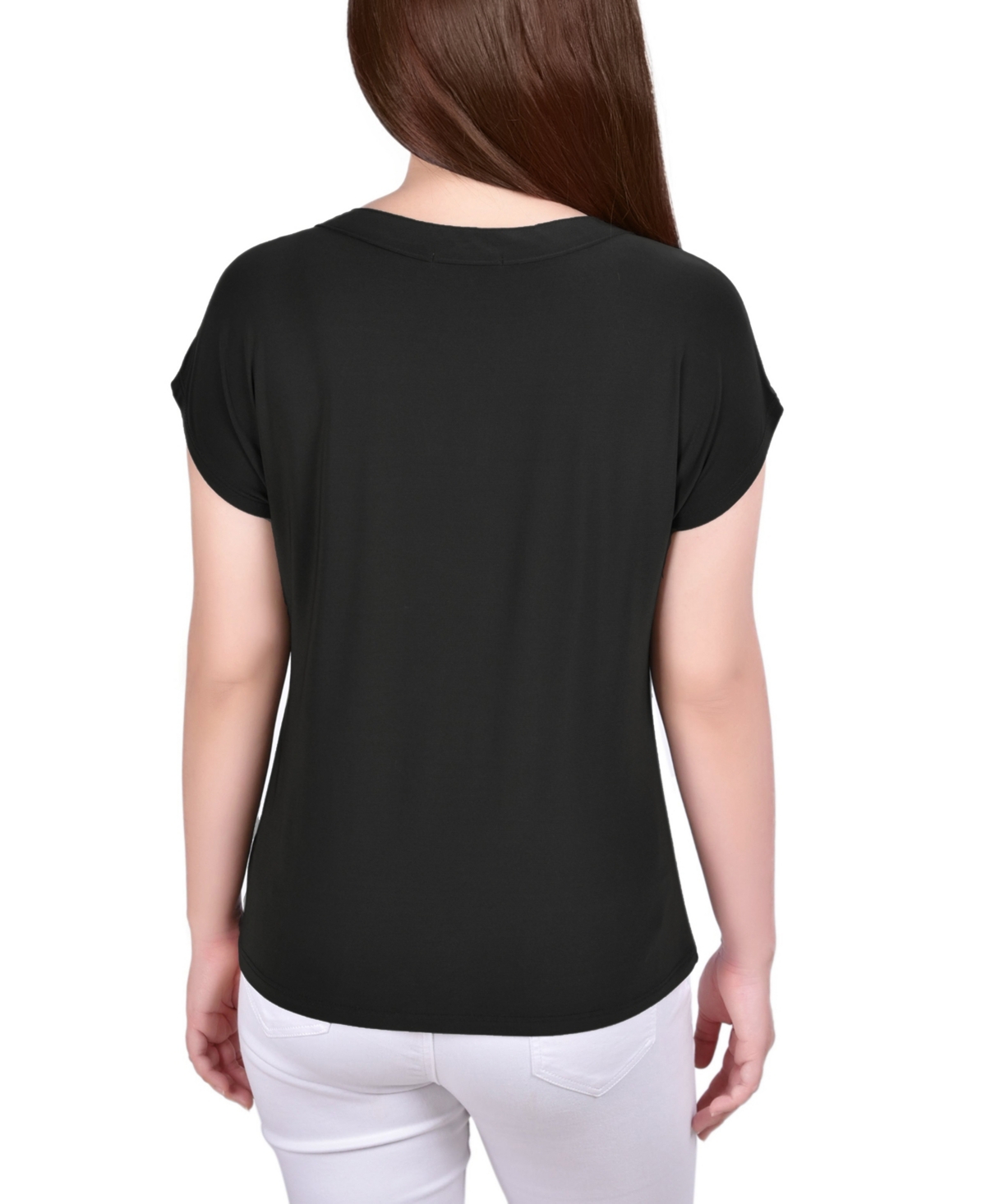 Ny Collection Petite Short Extended-sleeve Grommet Neck Knit Top In Black