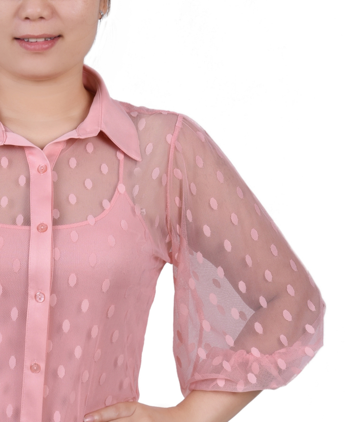 Ny Collection Petite Elbow Sleeve Clip Dot Top In Pink