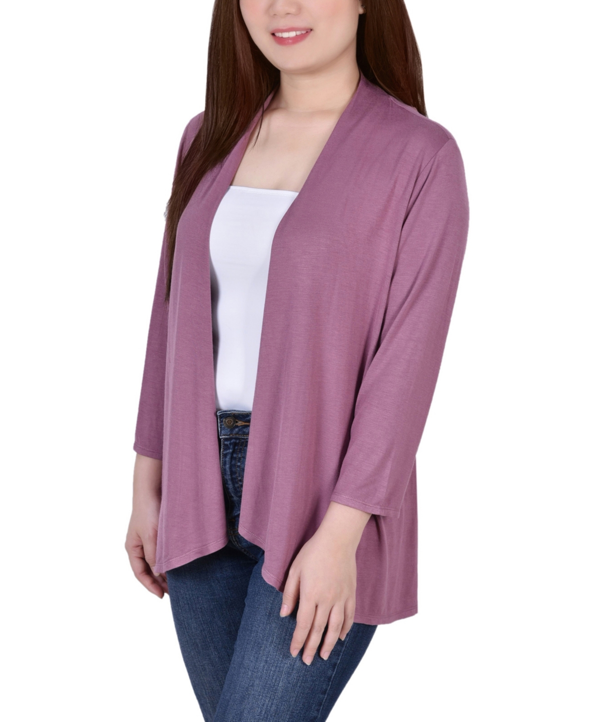 Ny Collection Petite 3/4 Sleeve Solid Cardigan Sweater In Gold