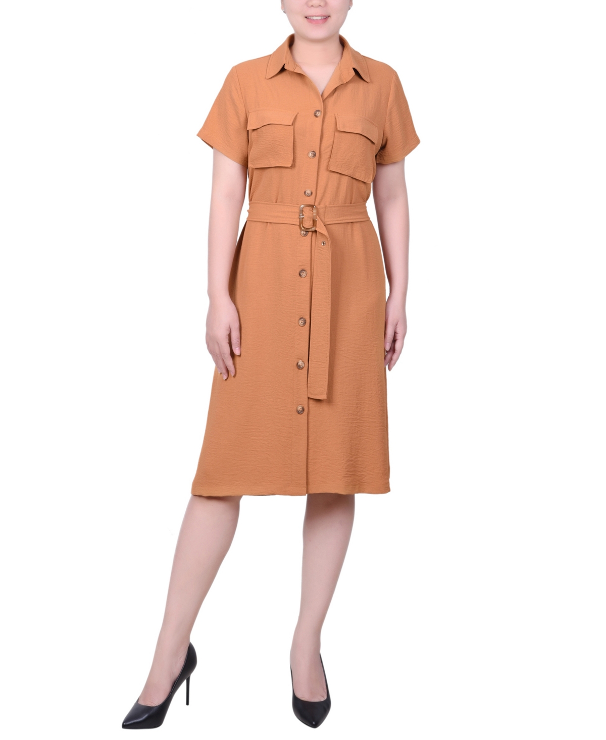 Ny Collection Petite Short Sleeve Belted Shirtdress In Gold