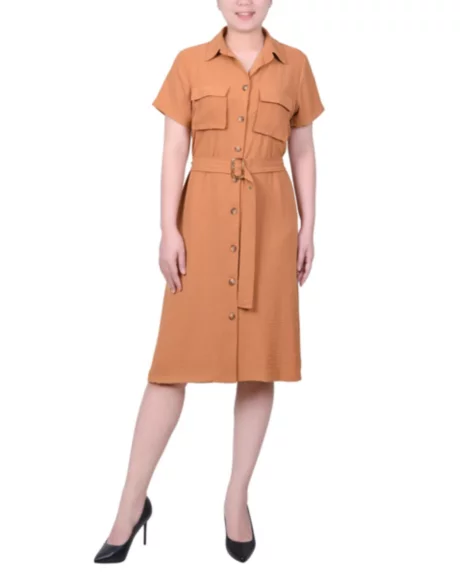 Petite Short Sleeve Belted Shirtdress - Meerkat