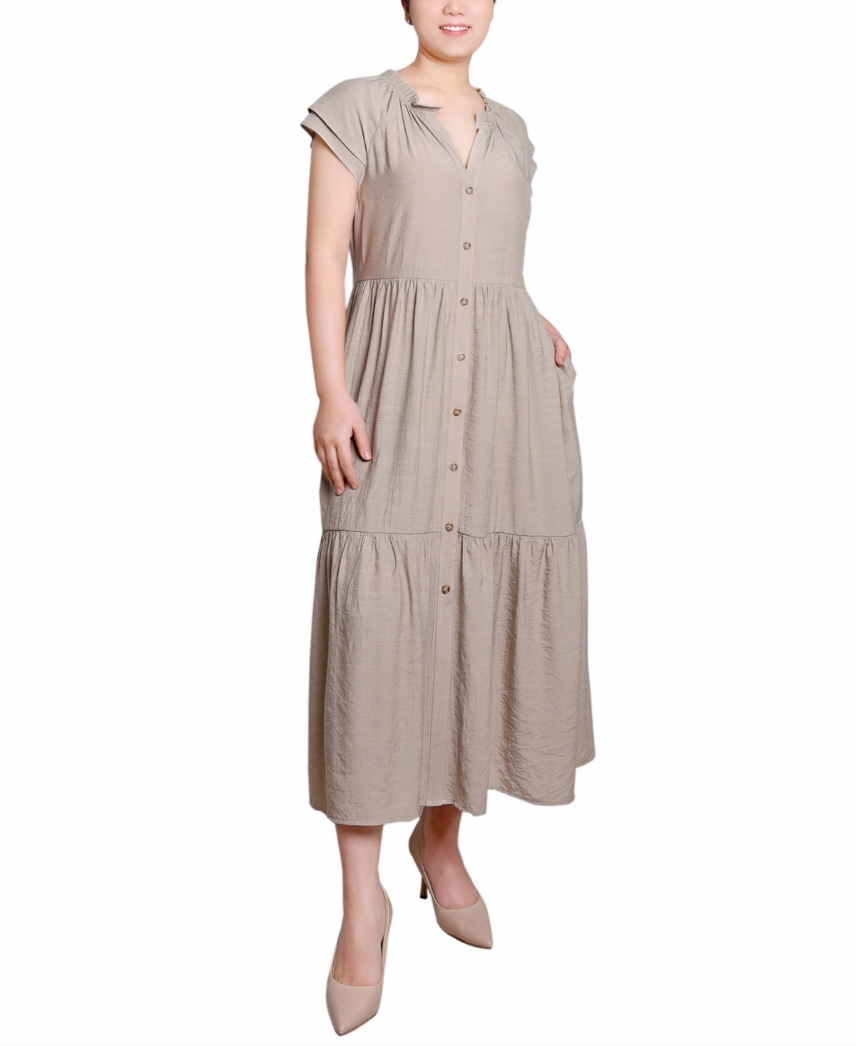 Ny Collection Petite Short Sleeve Midi Slubbed Dress In Neutral