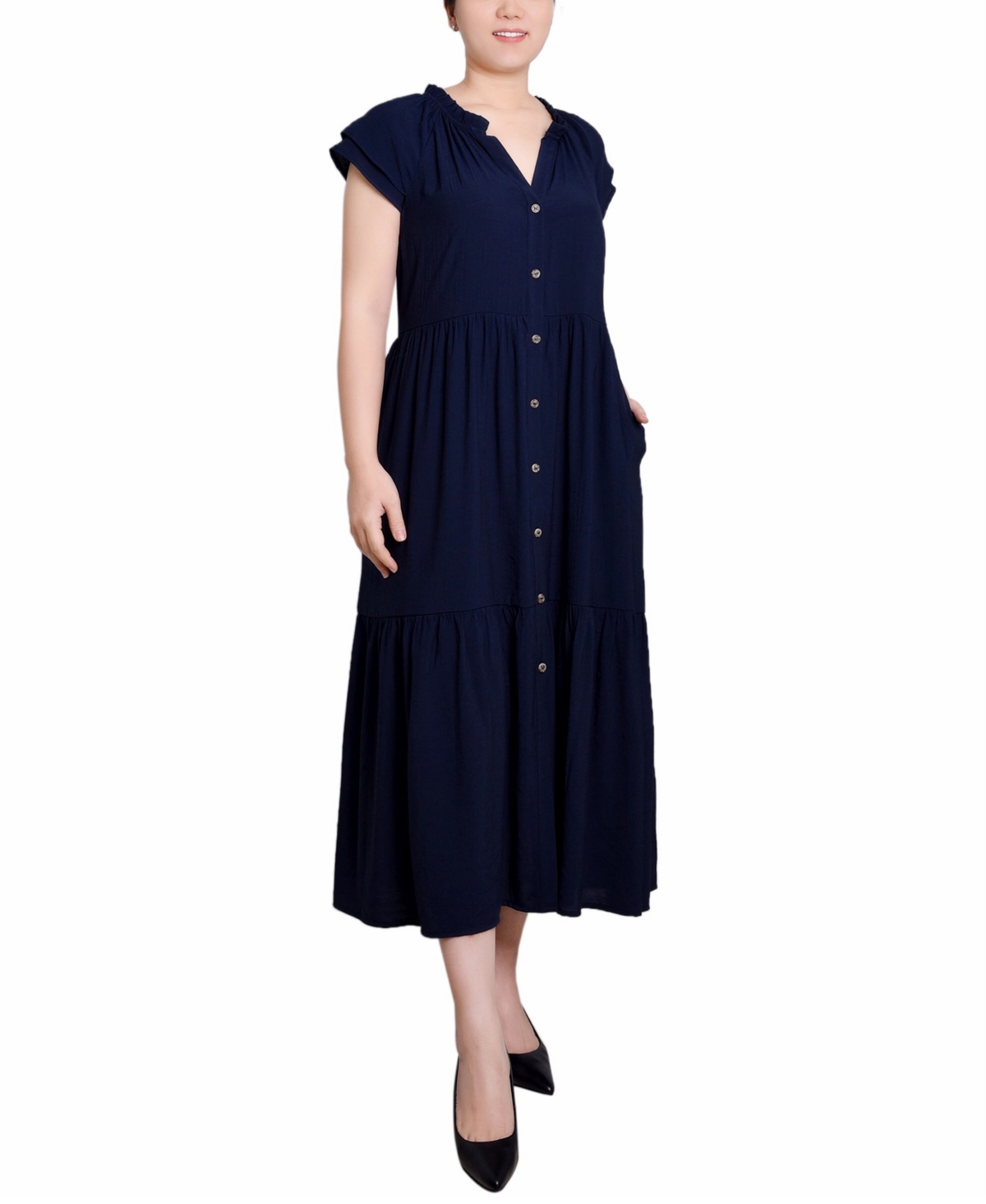 Ny Collection Petite Short Sleeve Midi Slubbed Dress In Blue