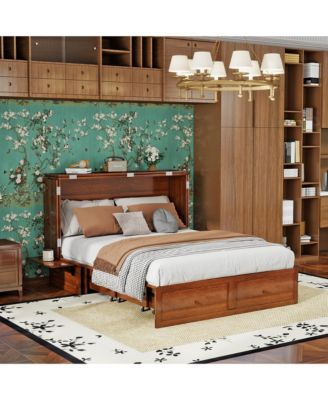 Murphy Bed Cabinet, Queen Murphy Bed with USB and Charging Ports, Cabinet with Drawer Includes Storage Cabinet, Queen Suit for Guest Room, Black Walnut(No Mattress