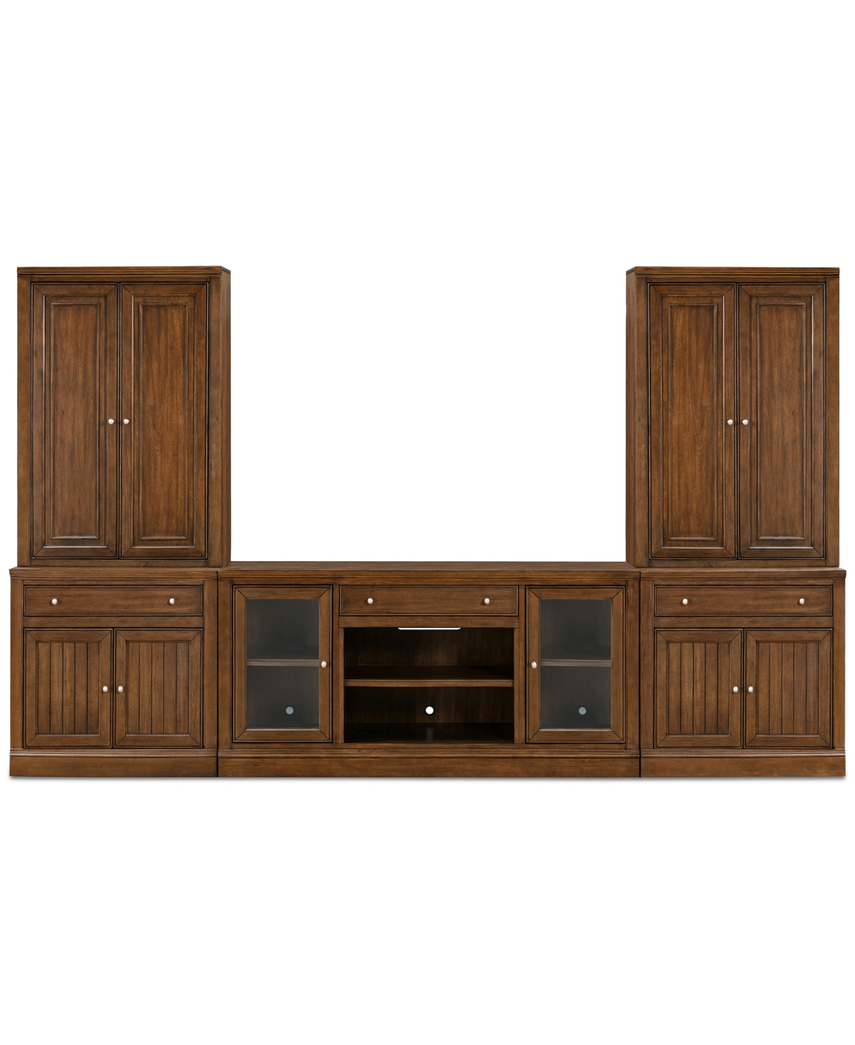 Macy's Amren 65" 2 Door Console With 2 Door Hutches And 2 Door Bases With Drawers And Fireplace Insert In Brown