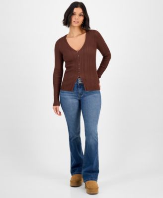 Juniors' V-Neck Ribbed Fine Gauge Flyaway Sweater