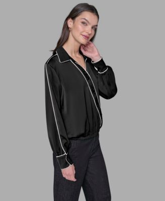 Petite Long Sleeve Crossover Woven Blouse