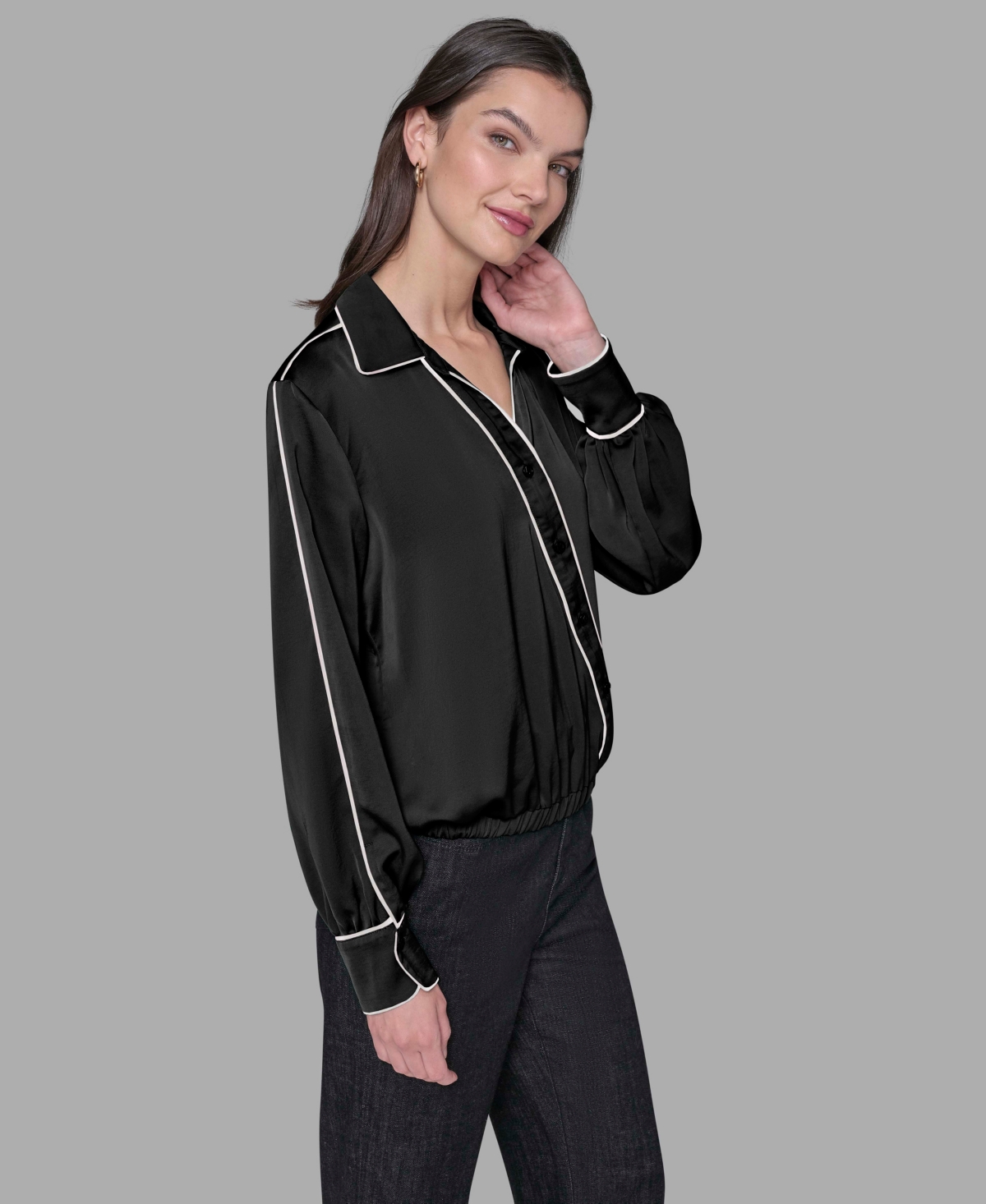 Karl Lagerfeld Petite Long Sleeve Crossover Woven Blouse In Black