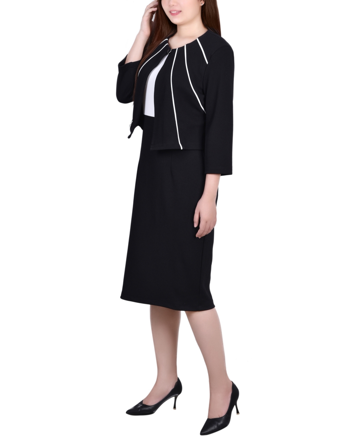 Ny Collection Petite Two Piece Jacket And Dress Set In Black