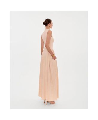 Womens Nude Sleeveless Mock Neck Dress with a Pleated Maxi Skirt