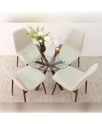 5 Piece Set 39.4 Inch Round Glass Table Upholstered Fabric Chairs Walnut Metal Legs Modern Dining Room Set