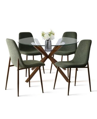 5 Piece Set 39.4 Inch Round Glass Table Upholstered Fabric Chairs Walnut Metal Legs Modern Dining Room Set