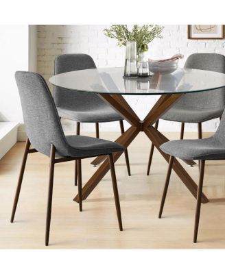 5 Piece Set 39.4 Inch Round Glass Table Upholstered Fabric Chairs Walnut Metal Legs Modern Dining Room Set