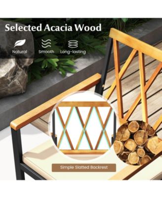 Set Of 5 Patio Acacia Wood Dining Set w/ Soft Seat Cushions Umbrella Hole for Yard