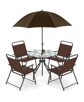 6 PCS Patio Dining Set w/ Umbrella 4 Folding Patio Chairs w/ Round Tempered Glass Table