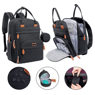 BabbleRoo Toddler Diaper Bag Backpack Stylish 26L Hands Free Bag with Changing Pad, Stroller Straps & Water-Resistant, Safari, Large - Black