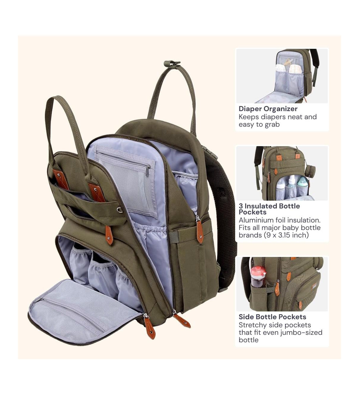 BabbleRoo Toddler Diaper Bag Backpack Stylish 26L Hands Free with Changing Pad, Stroller Straps & Water-Resistant, Safari, Large
