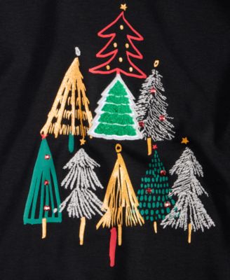 Women's Petite Festive Trees 3/4 Sleeve Scoop Neck Shirt, Macy's Exclusive