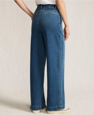Women's Soft Denim High Rise Wide Leg Top Stitch Trousers