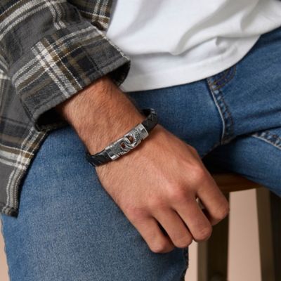 Black Woven Leather Bracelet - 8.5''